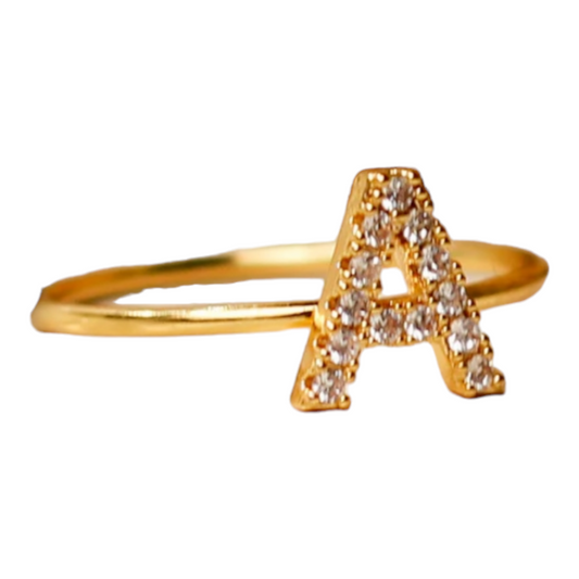Pave Stone Initial Letter Ring, Letter (A) Italian 14k Yellow Gold
