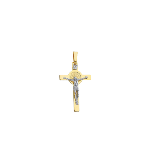 Pendant with cross of Jesus in two golds, made in 14k Italian Yellow Gold