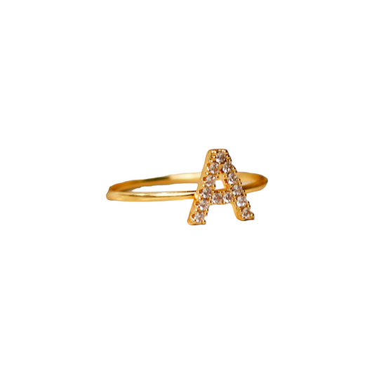 Pave Stone Initial Letter Ring, Letter (A) Italian 14k Yellow Gold